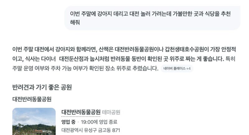 네이버의 ‘AI 탭’에서 반려견과의 주말 여행 정보를 AI와 대화를 통해 검색한 모습./네이버 제공